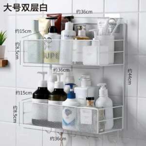 2 layer wall-mounted bathroom shelf shower shampoo rack with hooks