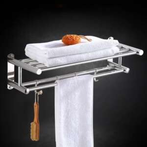Bathroom wall mounted towel rack accessory with hooks
